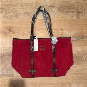 Dooney & Bourke Red Suede Tote Bag with Dark Brown Straps